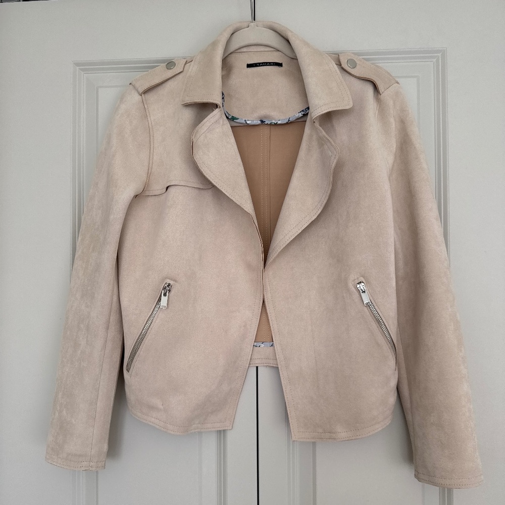NWOT T Tahari Faux Suede Moto Jacket Tan S/P